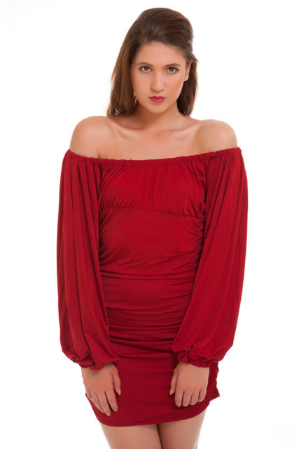 Red Off the Shoulder Ruched Mini Dress