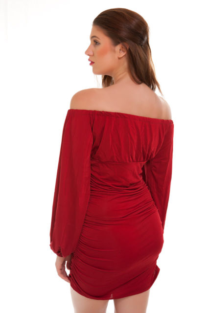 Red Off the Shoulder Club Ruched Mini Dress-553