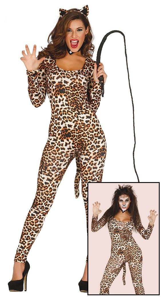 Womens Leopard Print Spandex Jumpsuit Costume With Tail