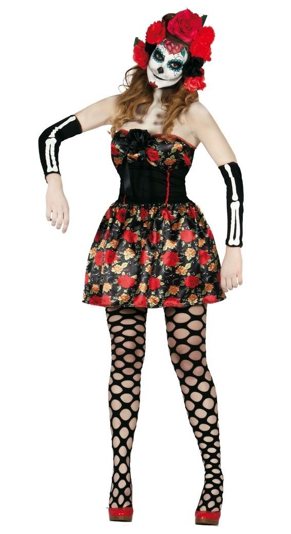 Ladies Day of the Dead Costume Floral Skeleton Womens Halloween Fancy Dress