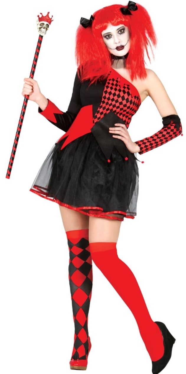 Womens Harlequin Honey Costume Ladies Evil Jester Clown Halloween Circus Fancy Dress Outfit