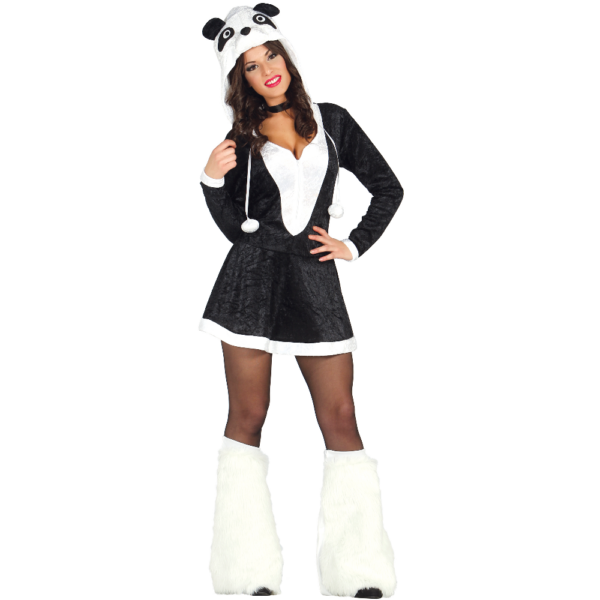 Womens panda costume black and white animal dress with hooded panda head, pom pom ties and white faux fur leg covers