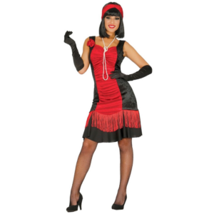Womens 1920s flapper costume red and black fringed dress with headband and gloves