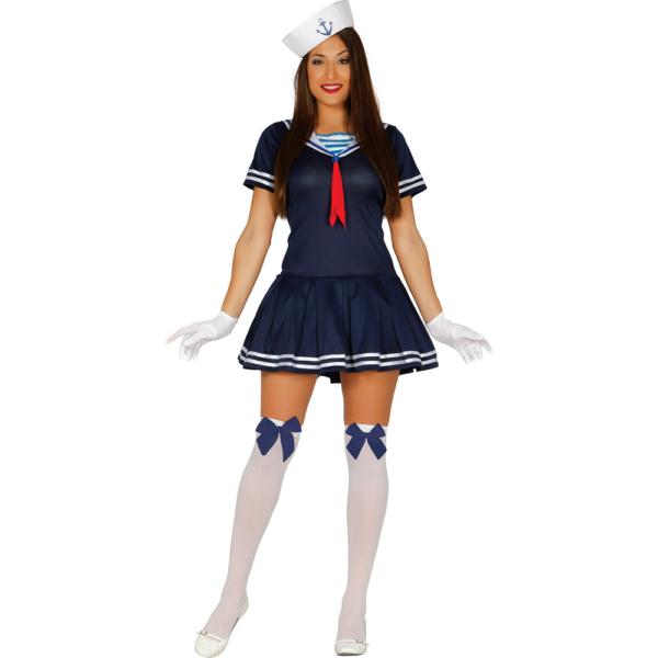 Women’s sailor costume with navy dress, white collar, sailor hat and gloves.