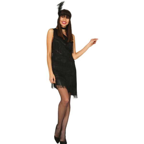Womens 1920s flapper costume black fringed dress with sleeveless design and matching feather headband