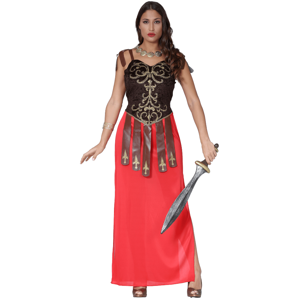 Womens grecian warrior costume red dress with armoured bodice and skirt panels