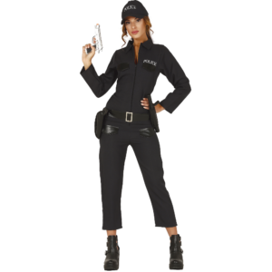 Womens police costume black jumpsuit with POLICE print, matching police hat and black waist belt adult cop fancy dress outfit