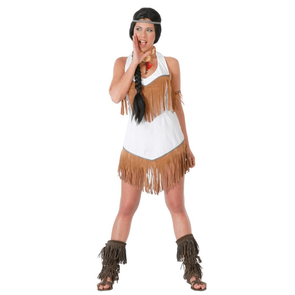Womens Red Indian Sioux style halterneck dress costume in white and brown with fringe trim