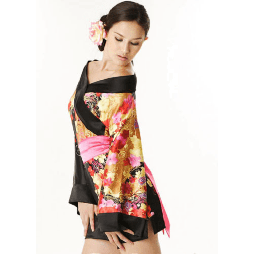 Womens geisha costume red floral kimono style dress with obi waist belt